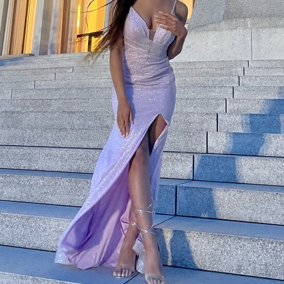 Prom Dress, Evening Gown, Sparkly Lilac Purple Dress with Slit, V-Neck - Picture 4 of 5